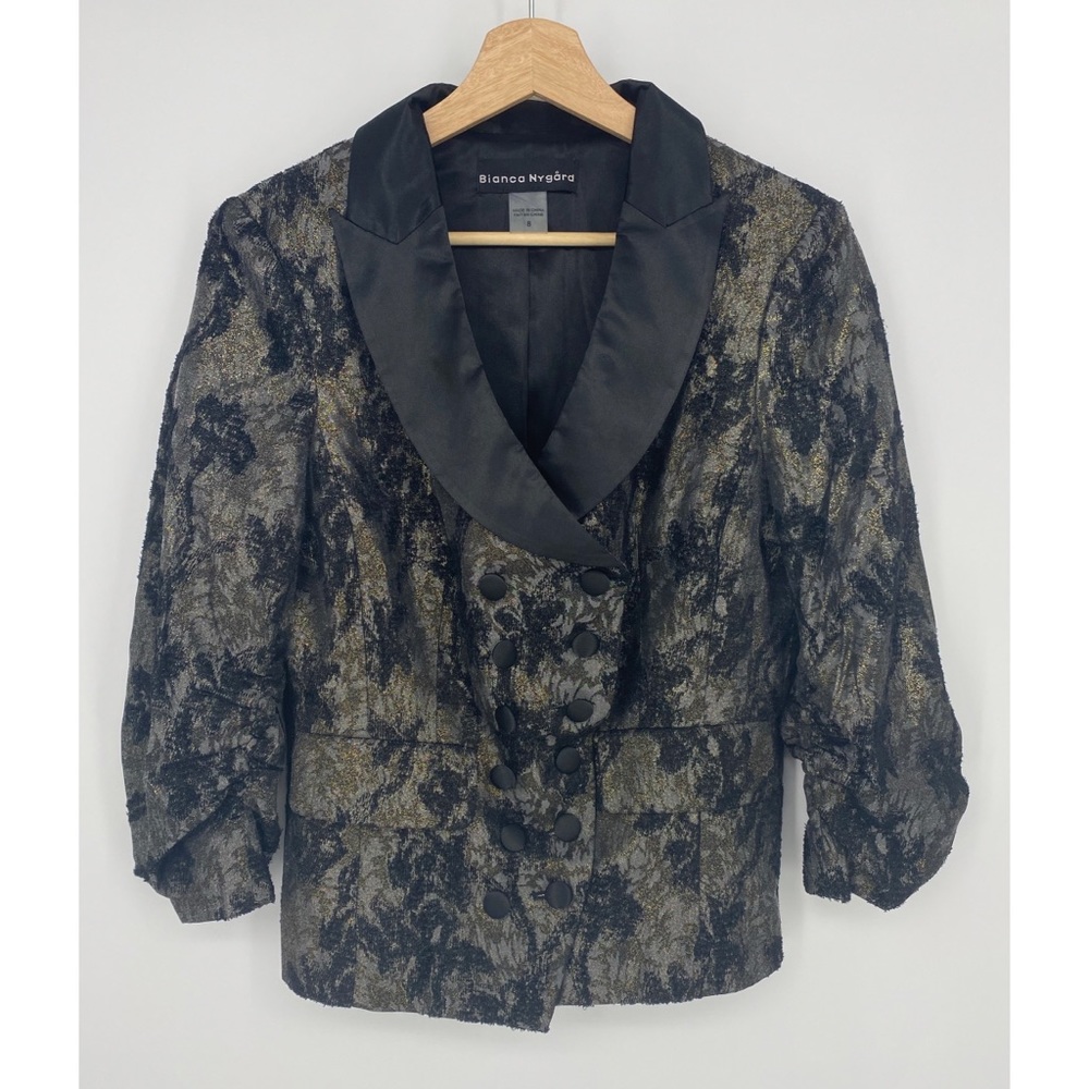 Bianca Nygard Gold Black Jacquard Tuxedo Button Down Blazer